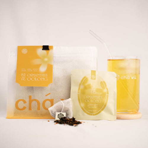A product display of osmanthus oolong Tea from CHAWU featuring a large resealable pouch, an individual tea bag, loose tea leaves, and a glass of brewed golden-yellow tea on a white background.